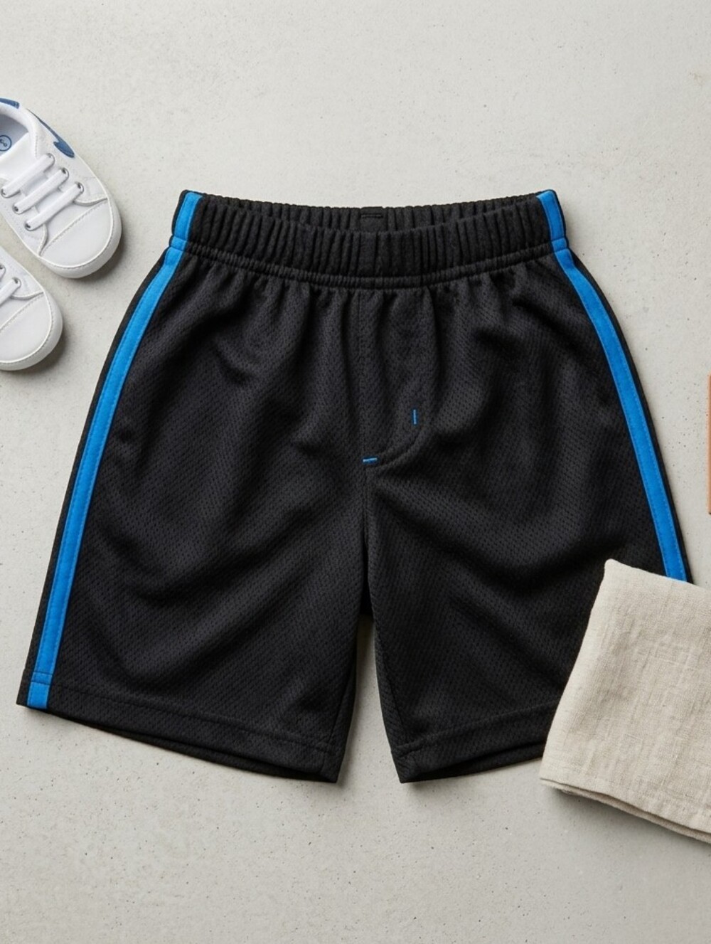 Marvel Boys Black Mesh Athletic Shorts Blue Stripe Active Play Shorts
